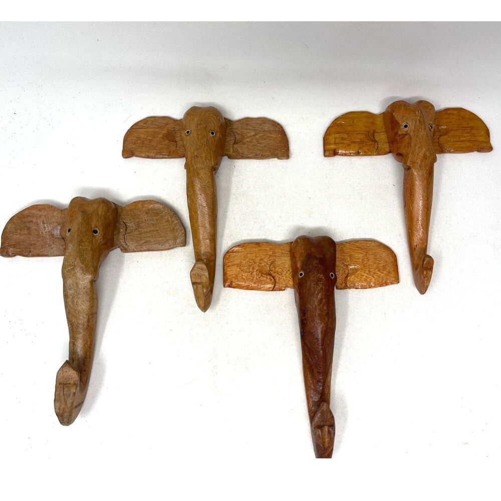 Vintage Hand Carved Wooden Elephant Wall Hooks Handmade Boho Decor Set Of 4